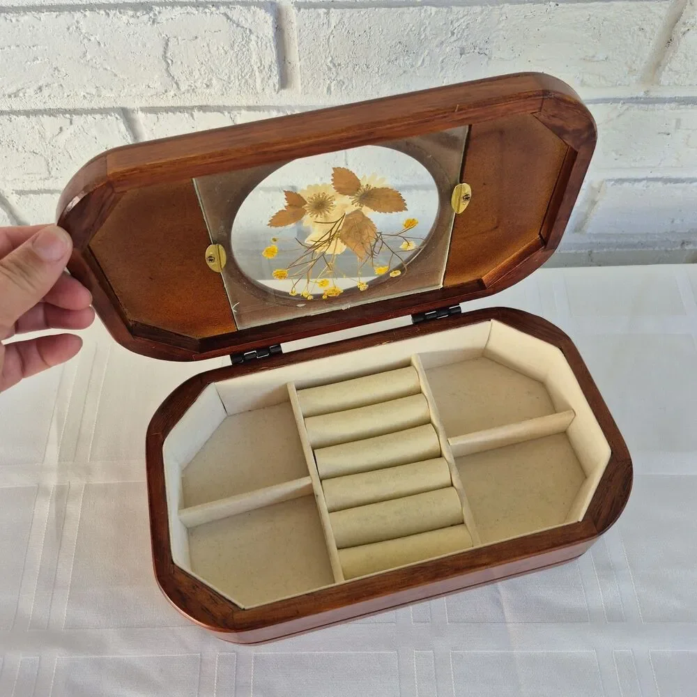 Vntg 90s Flower Inlay Glass  Jewelry Box